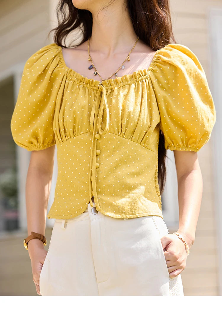MISHOW Yellow Polka Dot One Shoulder Blouses for Women Summer 2025 Back Elastic Vintage 100 Cotton Top Lace-up Blouse MXE35X1840