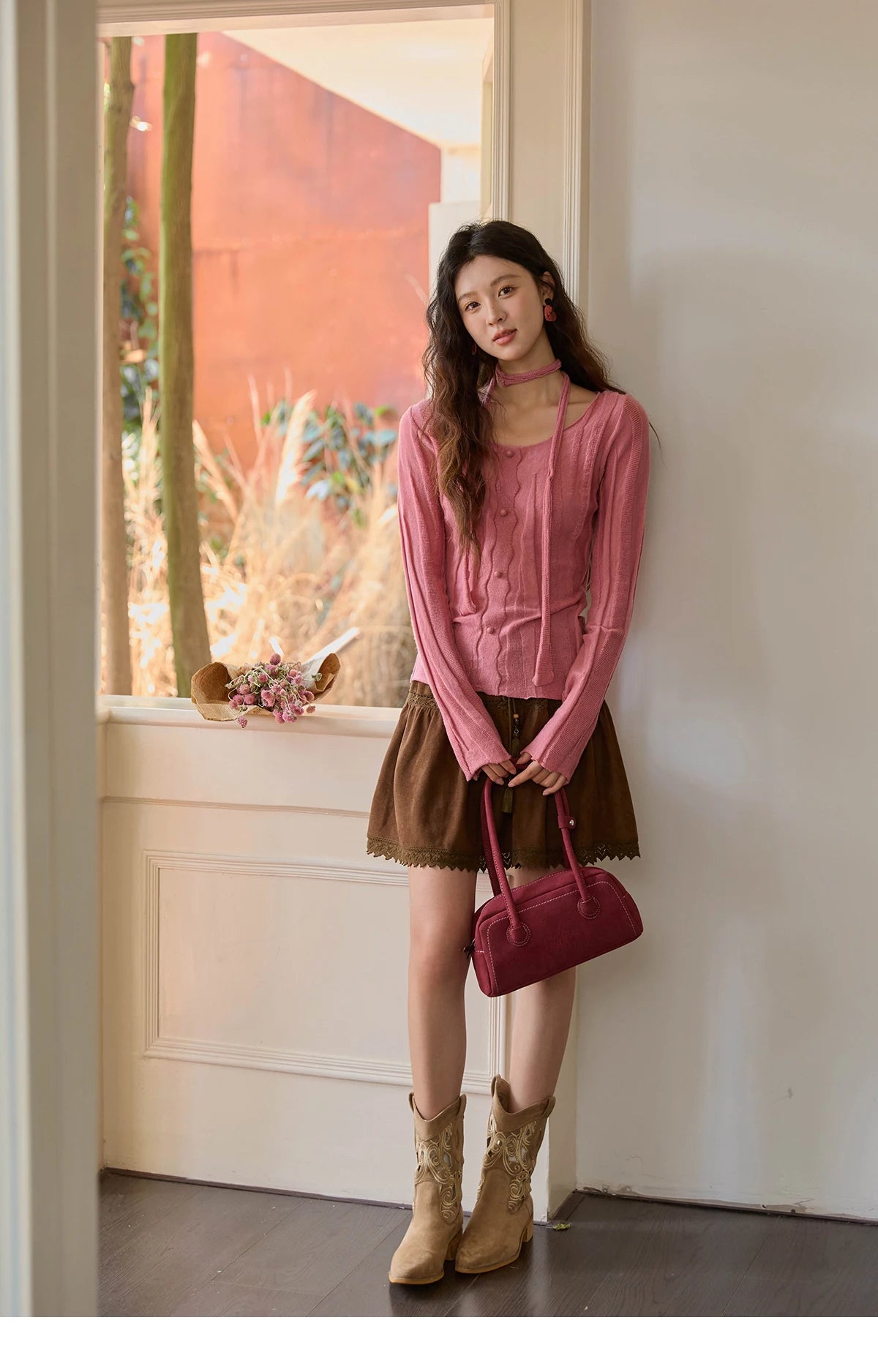 MISHOW Women's Wool Blend Knitted Top 2025 Autumn French Slim Scoop Neck with Draped Tie Soft Solid Pullover Top MXE42Z1322