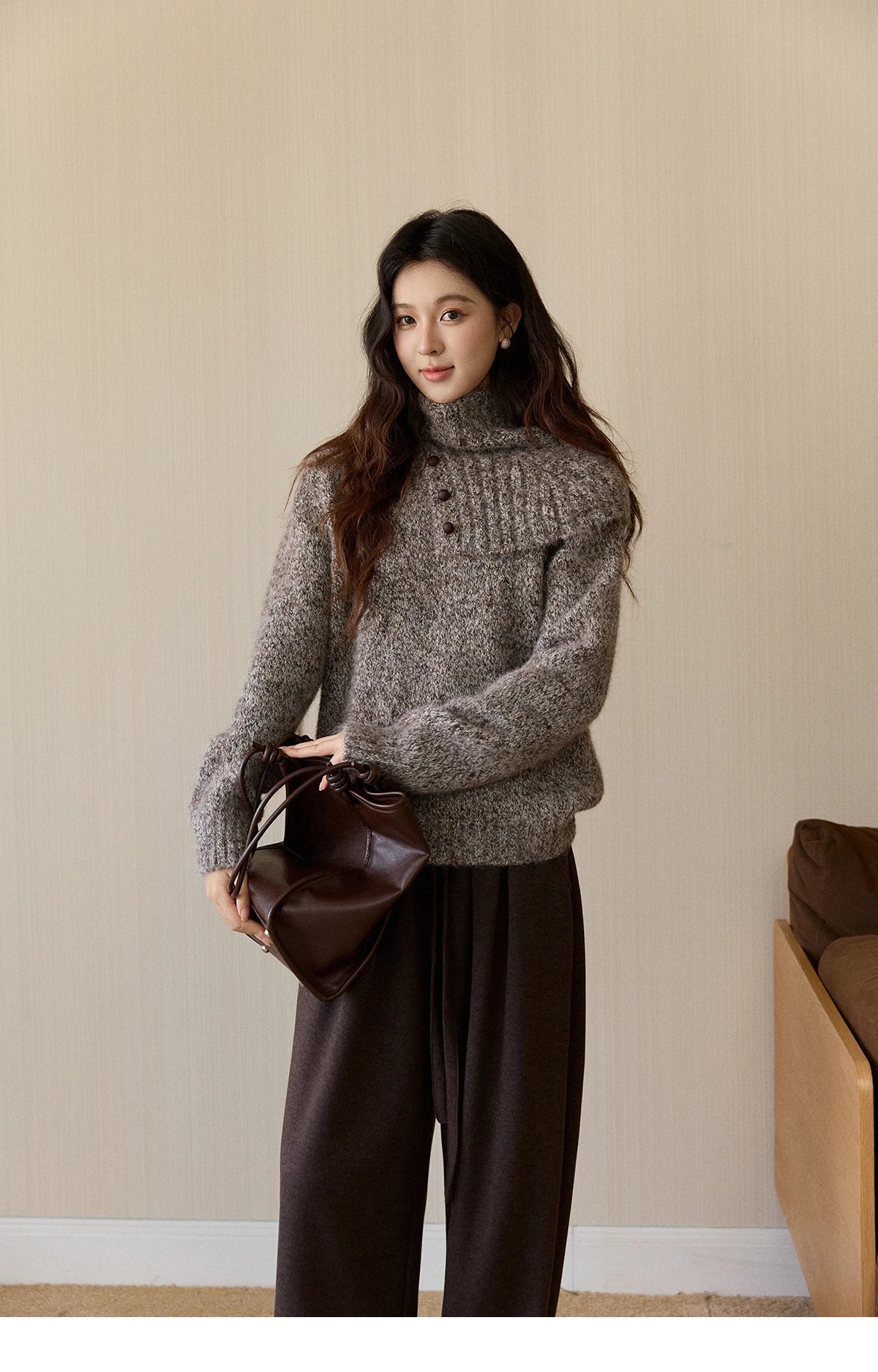 MISHOW Women's Gray Knit Sweater with Neckwear Scarf 2025 Winter Textured Button Decor Loose Warm Pullover Sweater MXE94Z2978