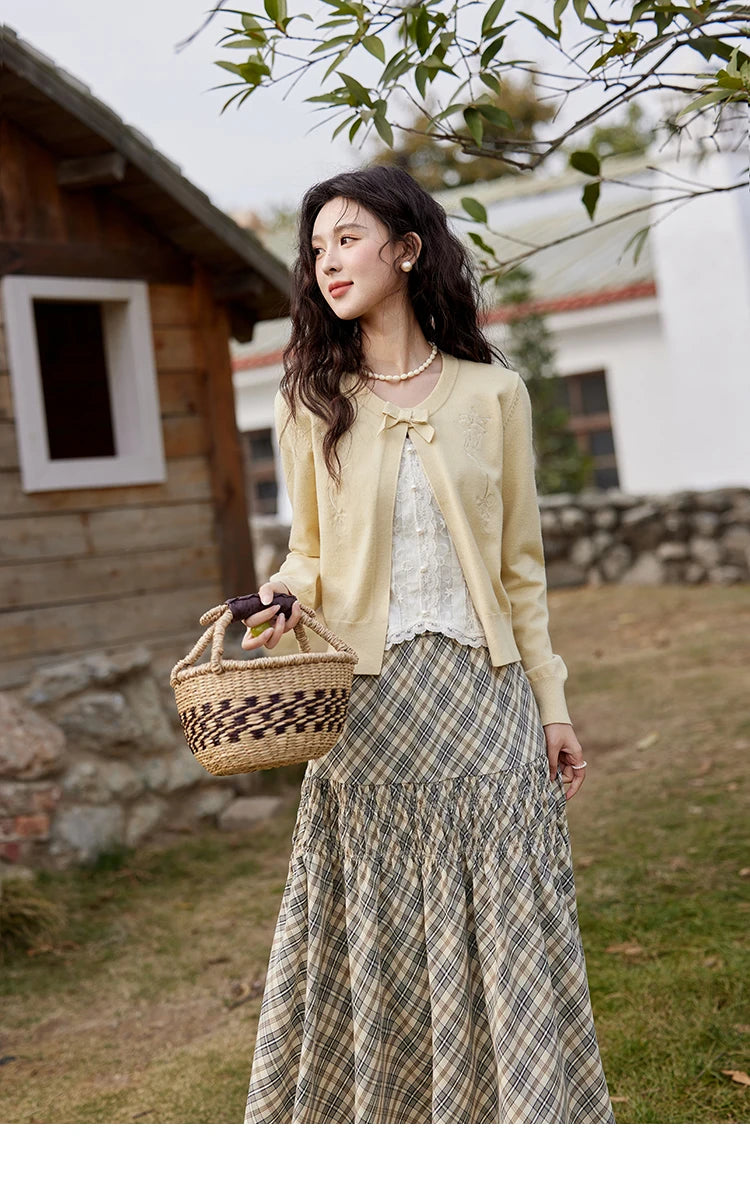 MISHOW Iris Embroidery Round Neck Cardigan for Women Spring 2025 Loose Knitted Thin Bow Design(Not Include Lace Vest) MXE13Z1142