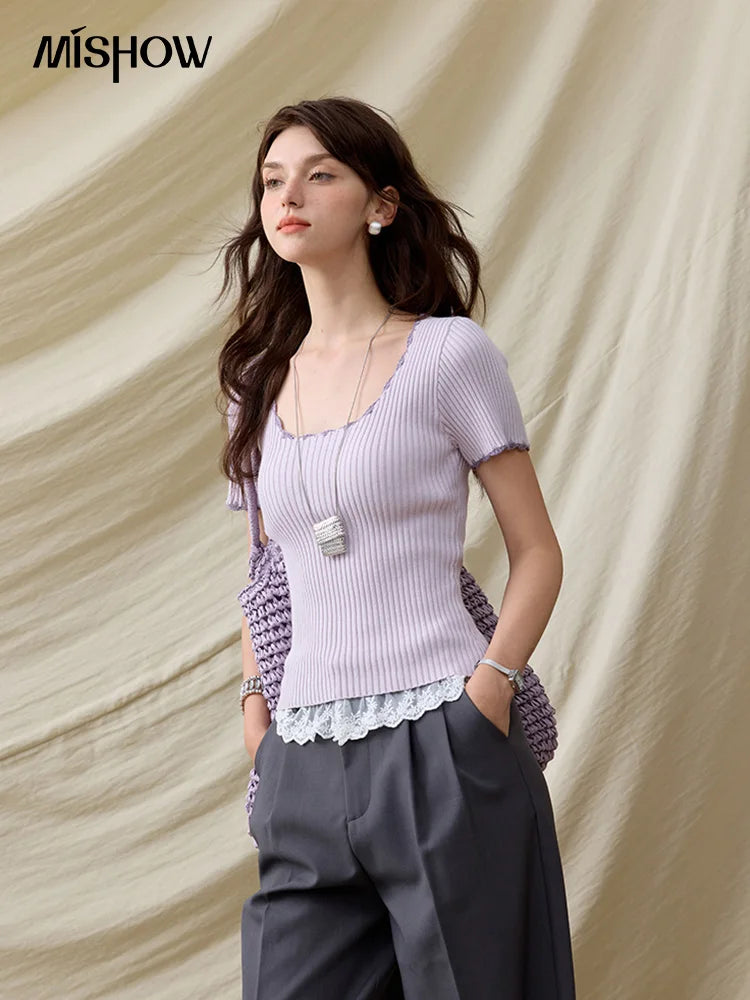 MISHOW Office Lady Summer Sweater Women 2025 New Solid Short Sleeve Lace Collar Contrast Color Hook Design Tops Slim MXE33Z1218