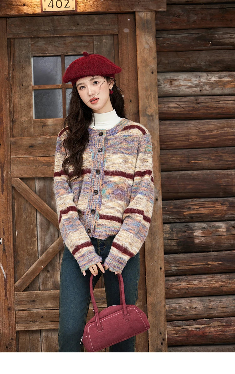 MISHOW Striped Sweaters Short Contrast Color Loose Casual O-Neck Single Breasted Tops Soft Warm Knitted Cardigans MXD59Z1061