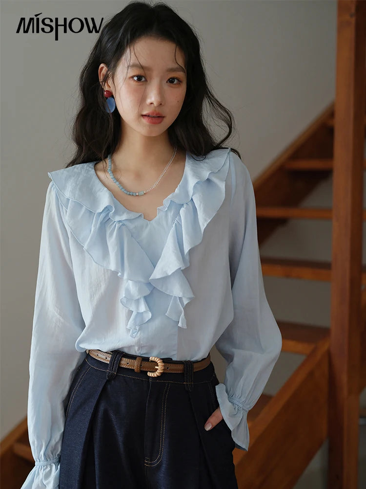 MISHOW Blue Lyocell Ruffled Shirt 2025 Autumn V-neck Flared Sleeves V-neck Shirts Commuting Elegant Versatile Tops MXE41X1969