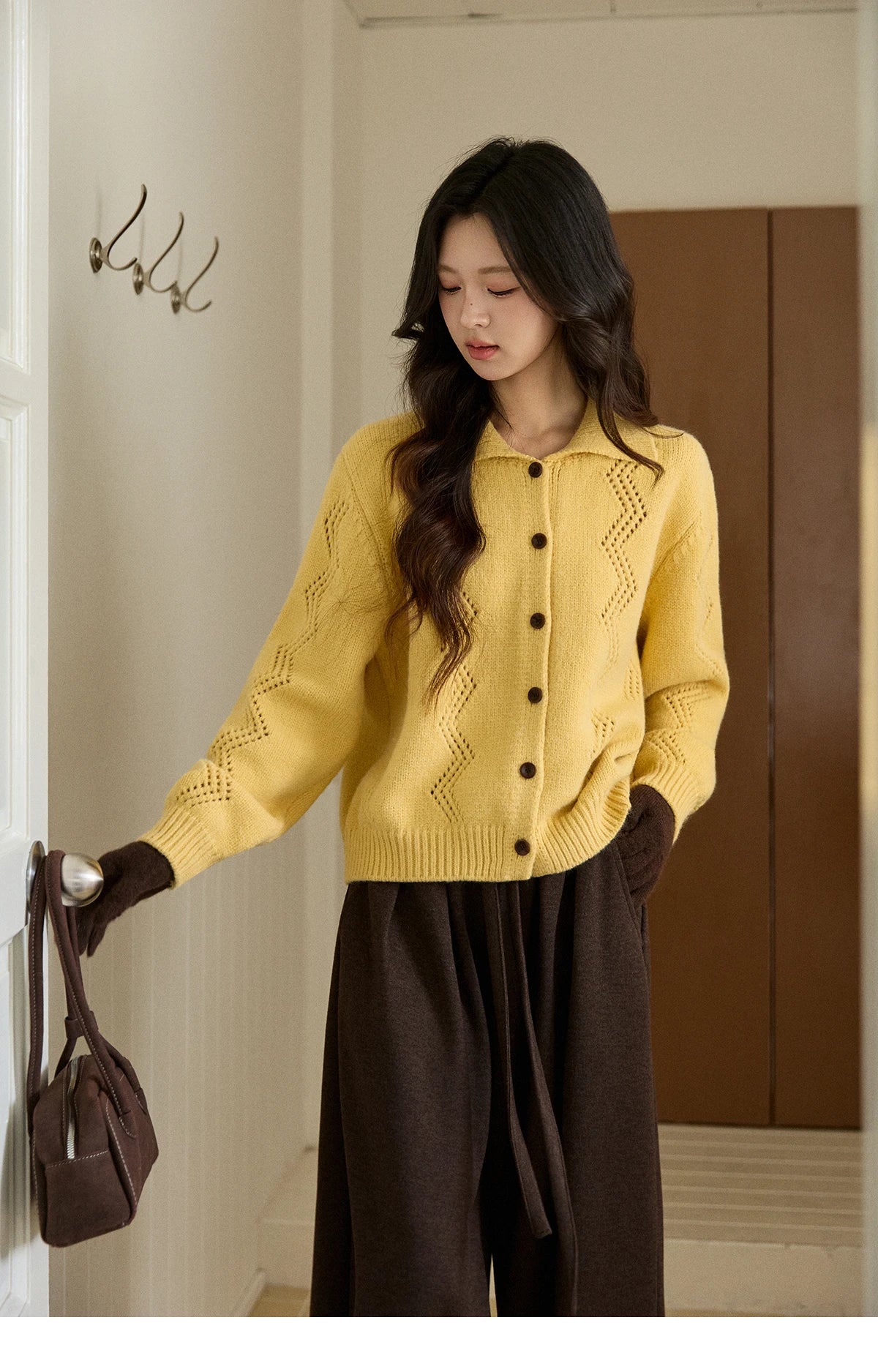 MISHOW Women's Hollow Pattern Knitted Cardigan 2025 Winter Yellow Lapel Single Breasted Sweater Loose Pullover Tops MXE94Z2961