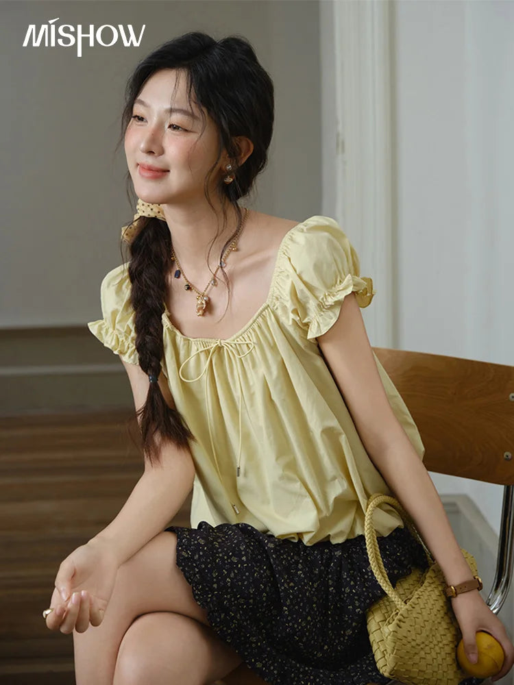 MISHOW 100% Cotton Blouse for Women 2025 Summer New Fashion Puff Sleeve Casual Commute Lace Up Top Ladies Clothing MXE37X1893