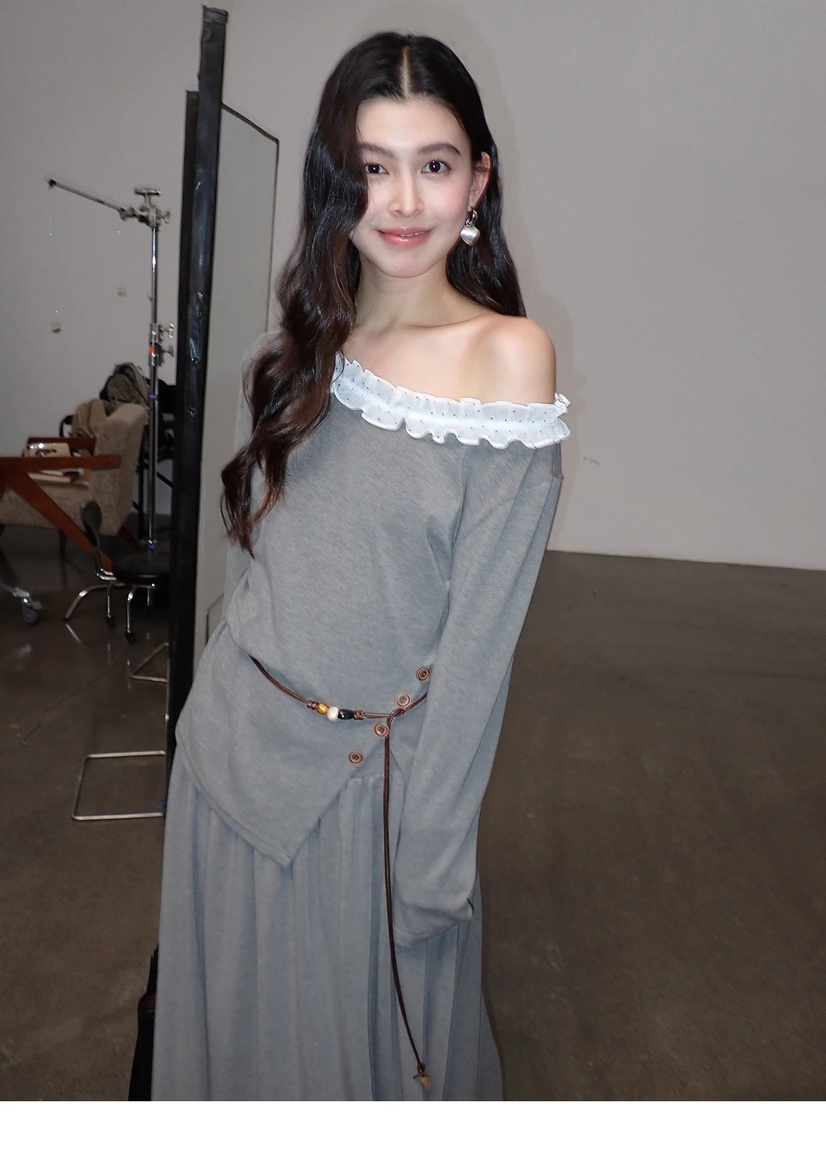 MISHOW Women's Grey Irregular Top Elastic Waist Skirt Two-Piece Set Spring Off-Shoulder Lace Trim Top Maxi Skirt Set MXF13T1479