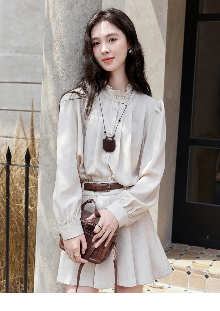 Mishow French Apricot Stand Collar Shirt & Pleated Mini Skirt Set MXD48C0365
