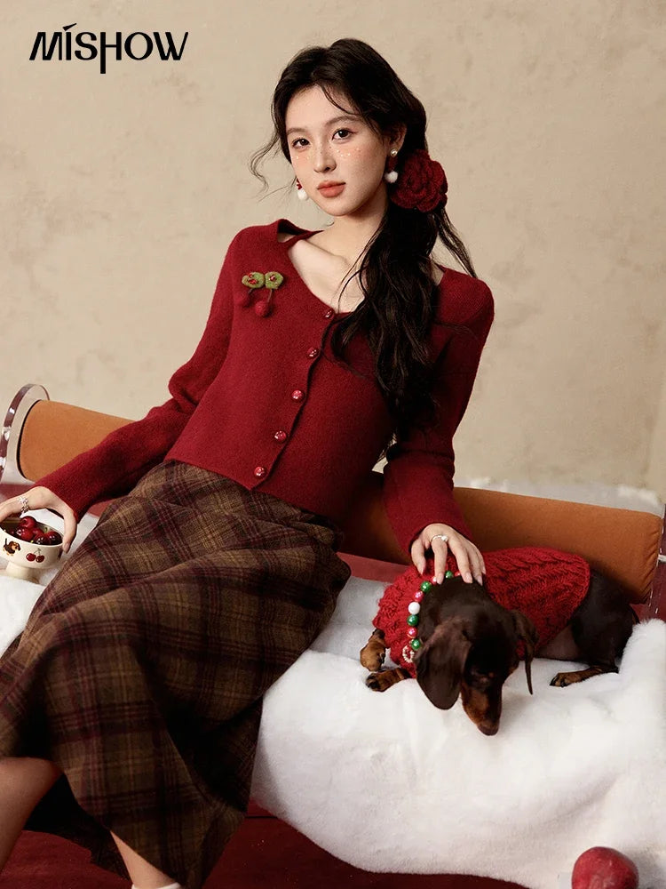 MISHOW Red Knitted Short Cardigan Women Autumn Winter New Cherry Ornaments Sweet Slim Fit V-neck Long Sleeve Tops MXD112Z1006