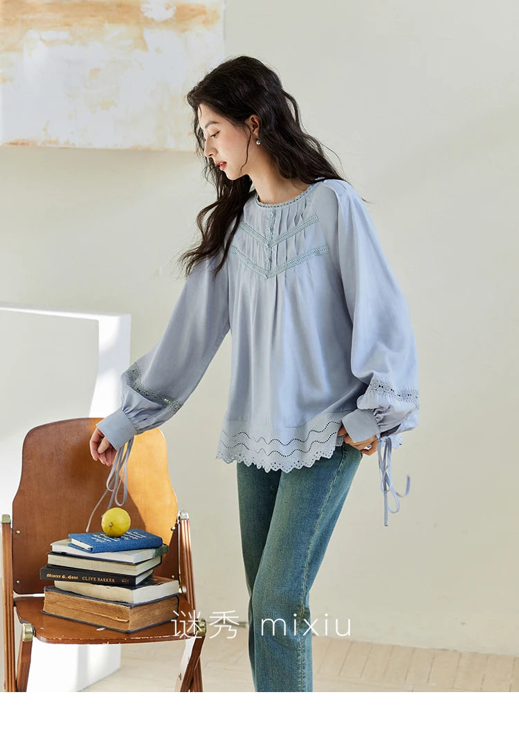 MISHOW Blue Lace Patchwork Shirt for Women 2025 Spring Sleeve Lace-up Hem Wave Edge Top Lantern Sleeve Loose Shirt MXE14X1716