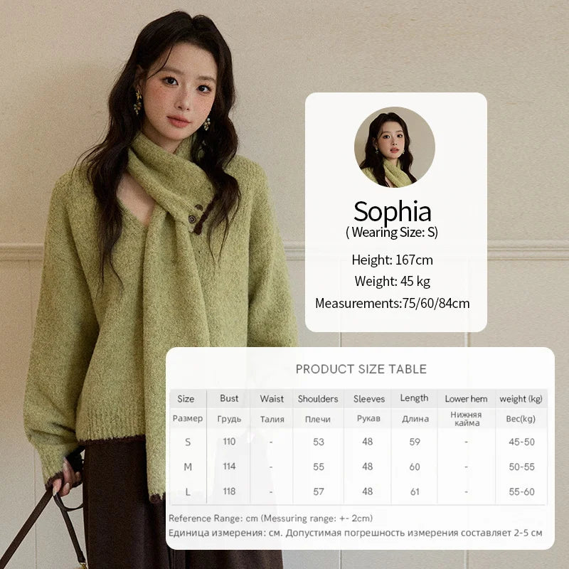 MISHOW Woman Green Detachable Scarf Sweater 2025 Winter Fashion V-neck Long Sleeves Thick Knit Pullovers Casual Top MXE90Z2791