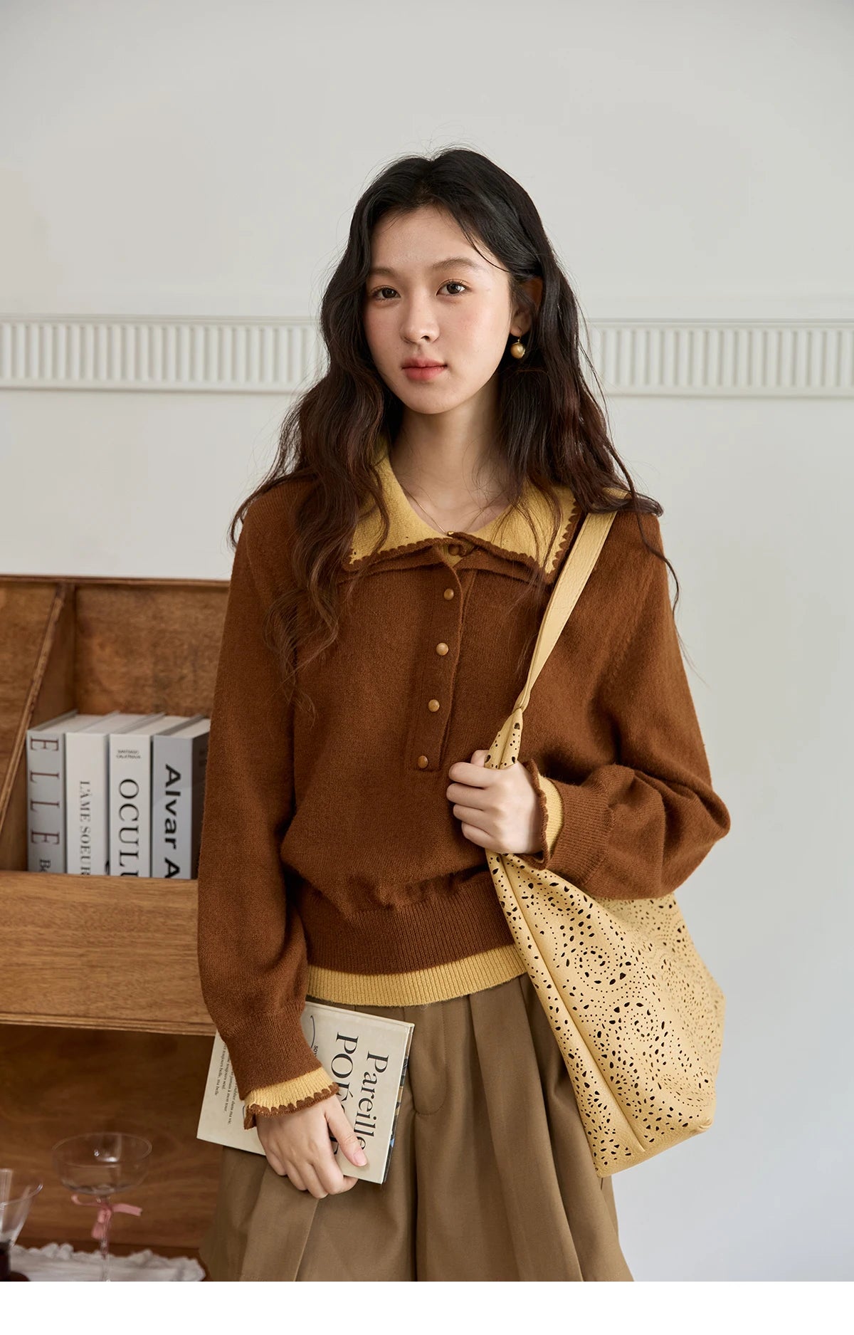 MISHOW Elegant Women's Sweaters 2025 Autumn Designer Knitted Double-layer Turn-down Collar Loose Long Sleeves Tops MXE45Z2502