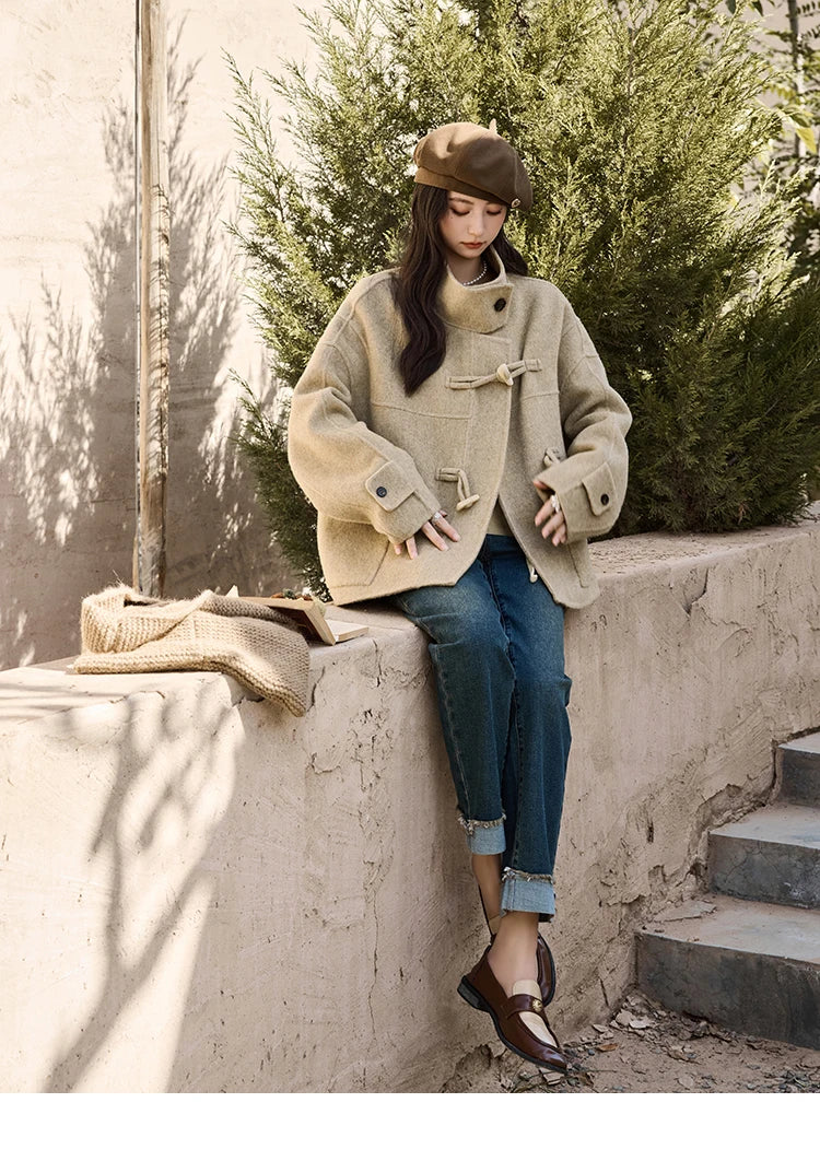 MISHOW Reversible Wool Velvet Coat Cow Horn Button Lapel Coat 2024 Winter Fashion Luxury Senior Korean Tweed Jacket MXD44W0446