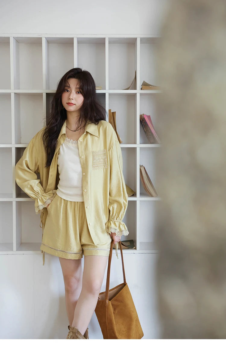 MISHOW Yellow Linen Three Piece Solid Splicing Lace Shirt Camisole Elastic Waist Shorts Vintage Hollowed Out Lace Set MXE42T0718