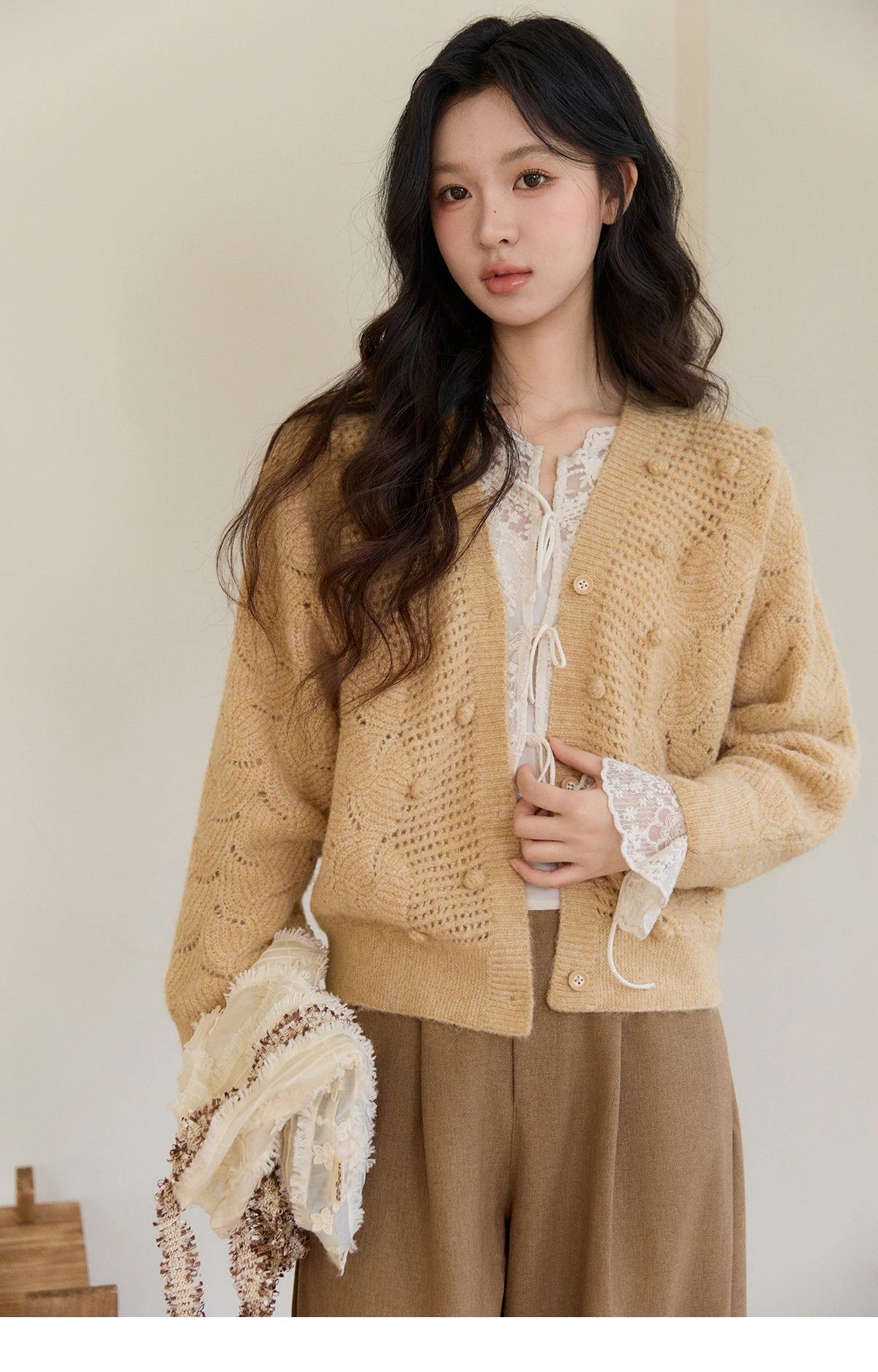 MISHOW Women's Solid Hollow-out Knit Thin Cardigan 2026 Spring V-Neck Bobble Knit tops Casual Loose Knitted Sweater MXF108Z1020