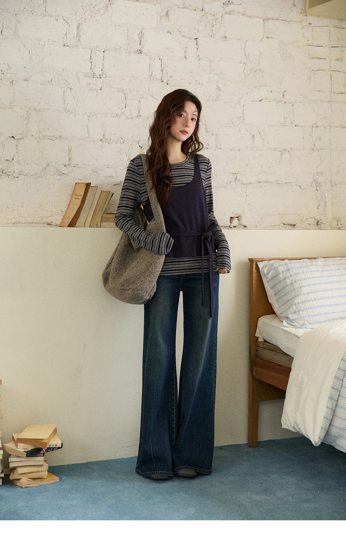 MISHOW Women's Two-Piece Set, 2025 Winter New Retro Casual Round Neck Long Sleeve Striped Top with Tie-Waist Camisole MXE87T1430