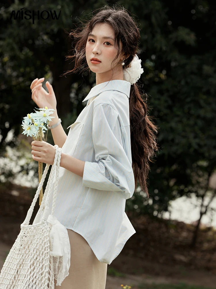 MISHOW Light Blue Striped Shirt for Women Spring 2025 Contrast Color Placket Shirt 100 Cotton Polo Neck Commuting Top MXE15C0762