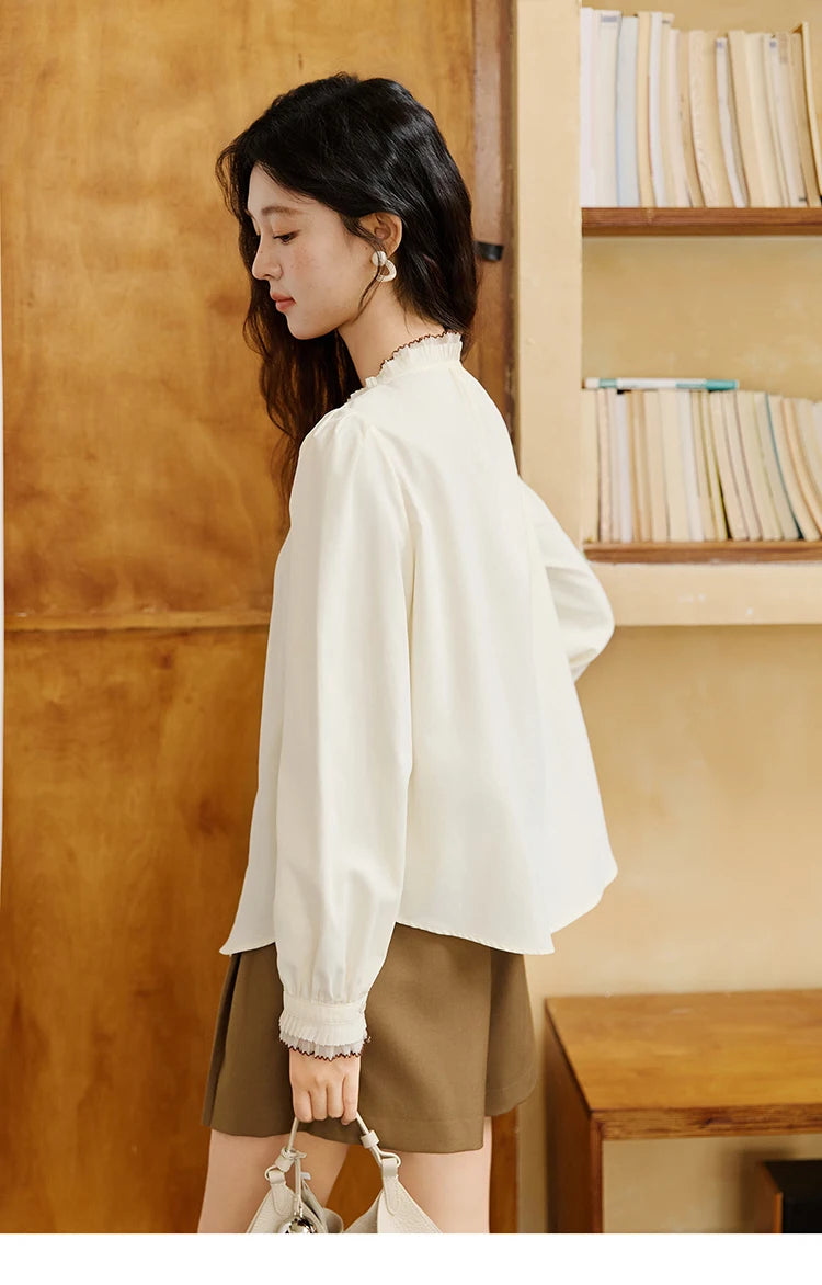 MISHOW Women's Apricot Retro Blouses 2025 Autumn V-neck Pleated Double-layer Lace Tops Lantern Sleeves Loose Blouse MXE46C2404