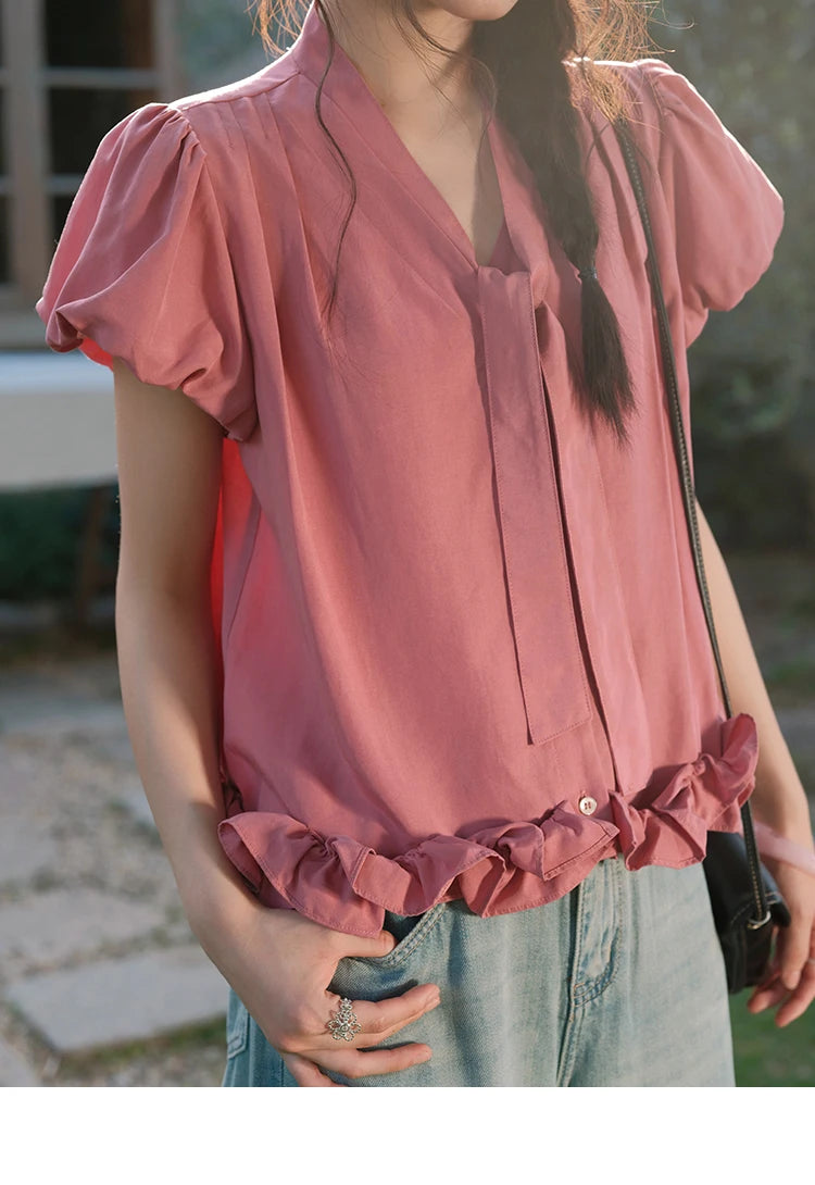 MISHOW Women's Summer V-neck Blouse 2025 New Fashion Puff Sleeve Lace Up Button Sweet Top Casual Female Clothing MXE38X1914