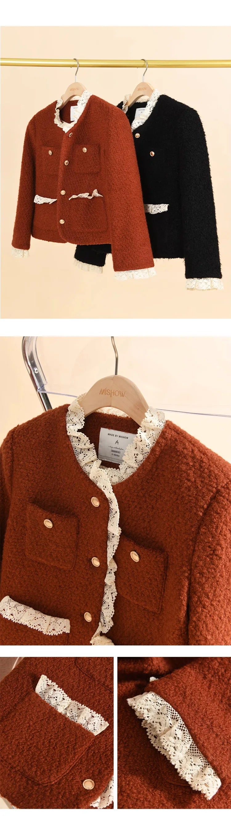MISHOW Wool Coat for Women Winter Korean Retro Lace Splicing Lamb Wool Button Pockets Thickened Warm Female Coat MXB43W0720