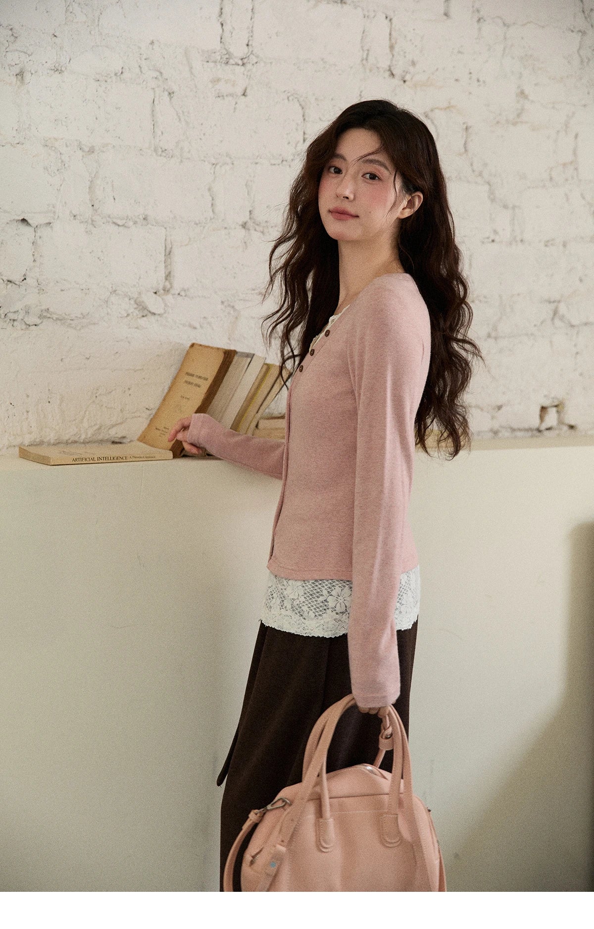 MISHOW Long Sleeve Tops for Woman 2025 Autumn Winter Sweet Gentle V-neck Top with Lace Trim Commute Slim Knit Top MXE86Z2673