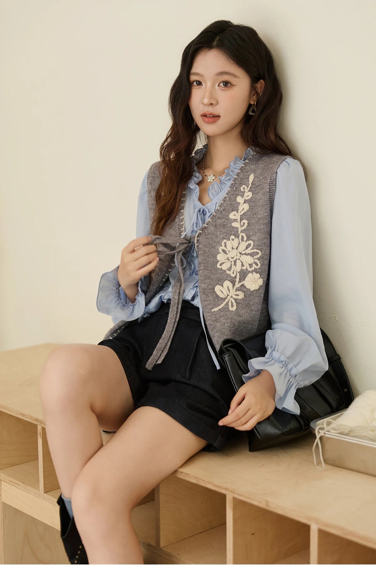 MISHOW 100% Lyocell Women's Blue Shirt 2025 Autumn French Ruffles Long Sleeves Ties Blouse Office Lady Elegant Top MXE45X2484