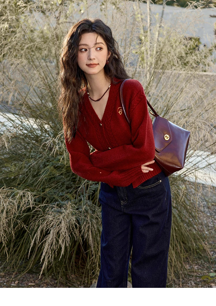 MISHOW Elegant V-neck Sweater Women's Long-sleeved Knitted Jacket 2025 Fall Winter New Korean Vintage Short Cardigan MXD48Z0848