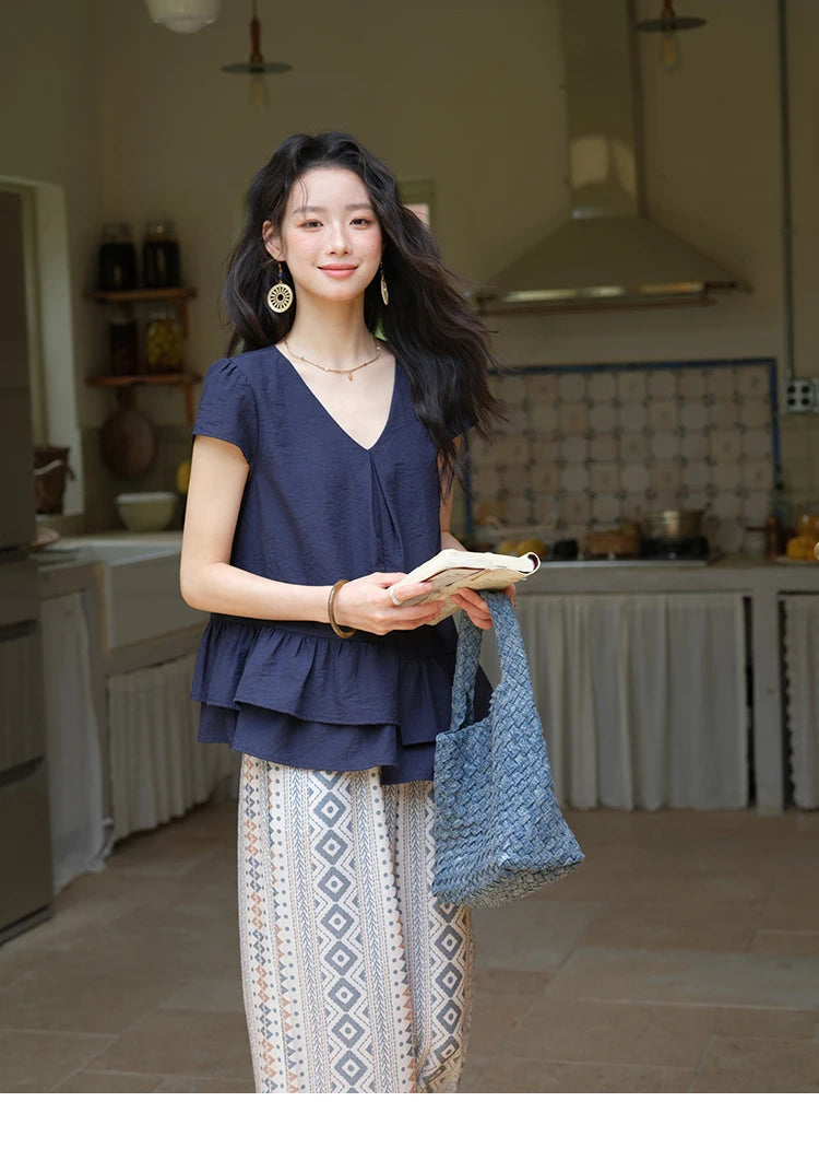 MISHOW Women's Two Piece Set 2025 Summer Spliced Lotus Leaf Edge V-neck Blouse Fashion Geometric Wide Leg Pants Set MXE39T0670