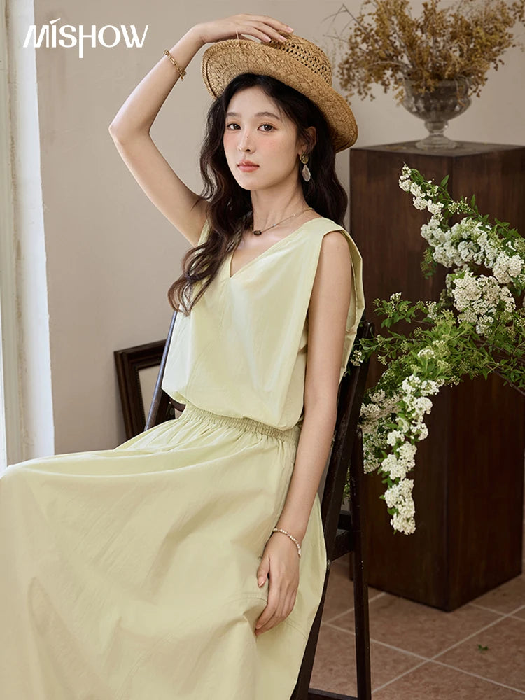 MISHOW Office Lady Solid Blouses Skirts Sets Women Summer 2025 V-neck Sleeveless Vest Elastic Waist Loose Skirts Sets MXE34T0604