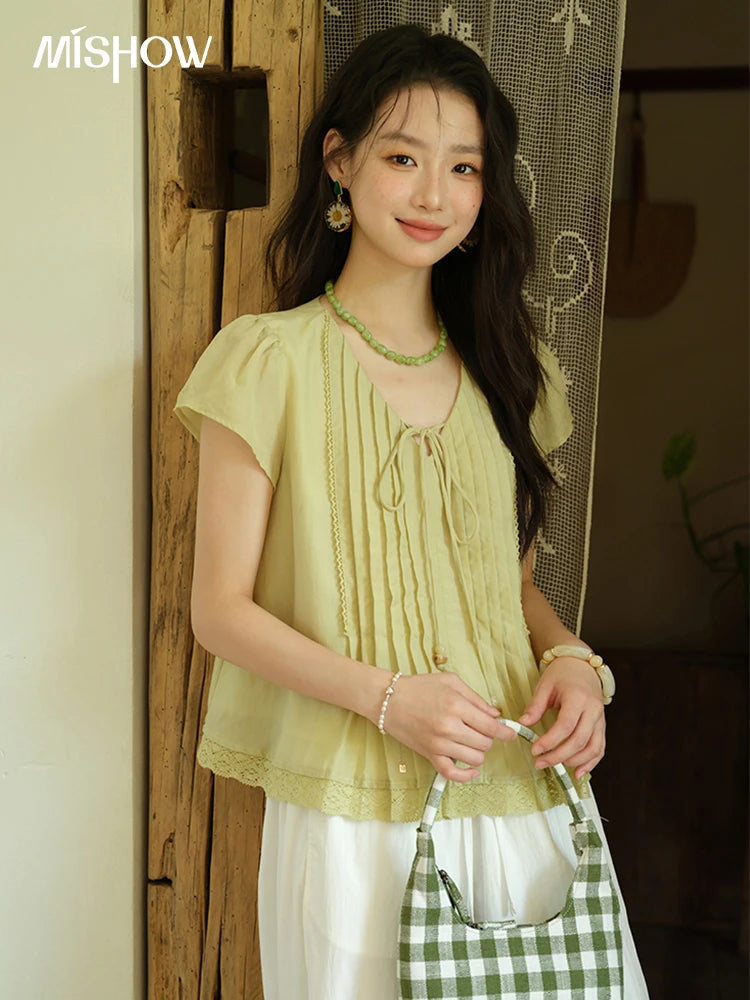 MISHOW Fashion V-neck Lace Up Blouses for Woman 2025 Summer New Flying Sleeve Lace Spliced Loose Top Female Clothing MXE37X1855