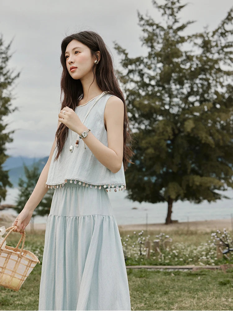 MISHOW Casual Vest Skirt Sets for Women Summer 2025 Sleeveless Round Neck Vests Solid Midi Skirts Female Fashion MXE33T0526