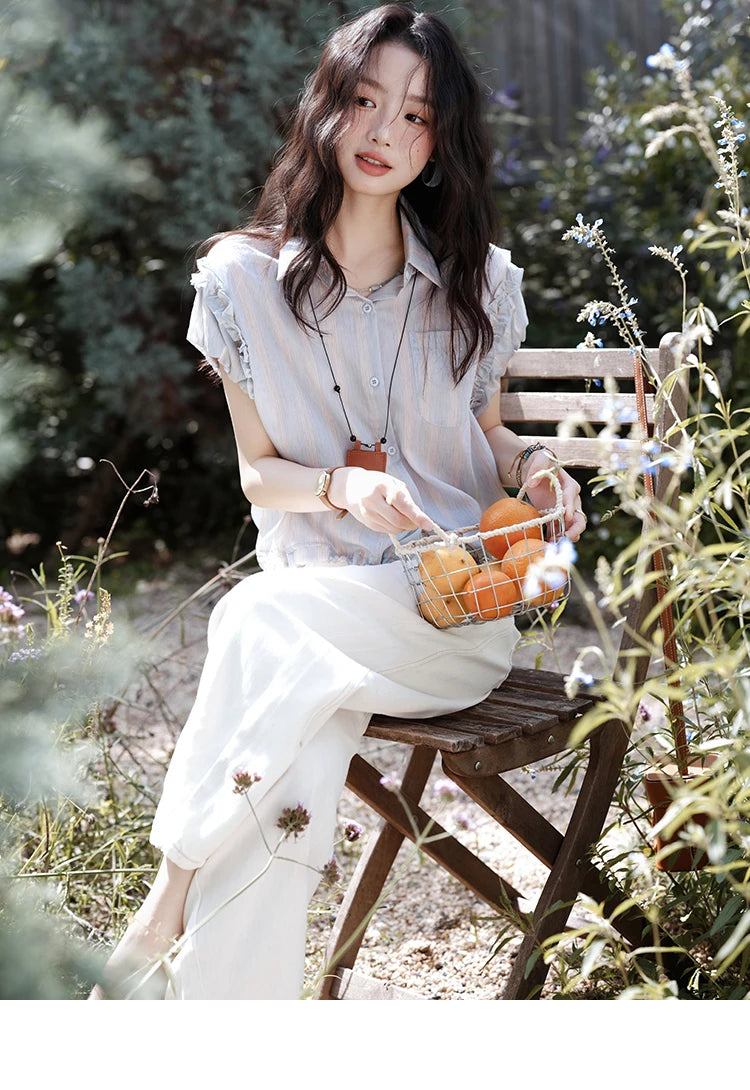 MISHOW Women's Short Sleeve Shirt 2025 Summer Ladies Turn-down Collar Button Shirt Casual Striped Top Female Clothing MXE38C2347