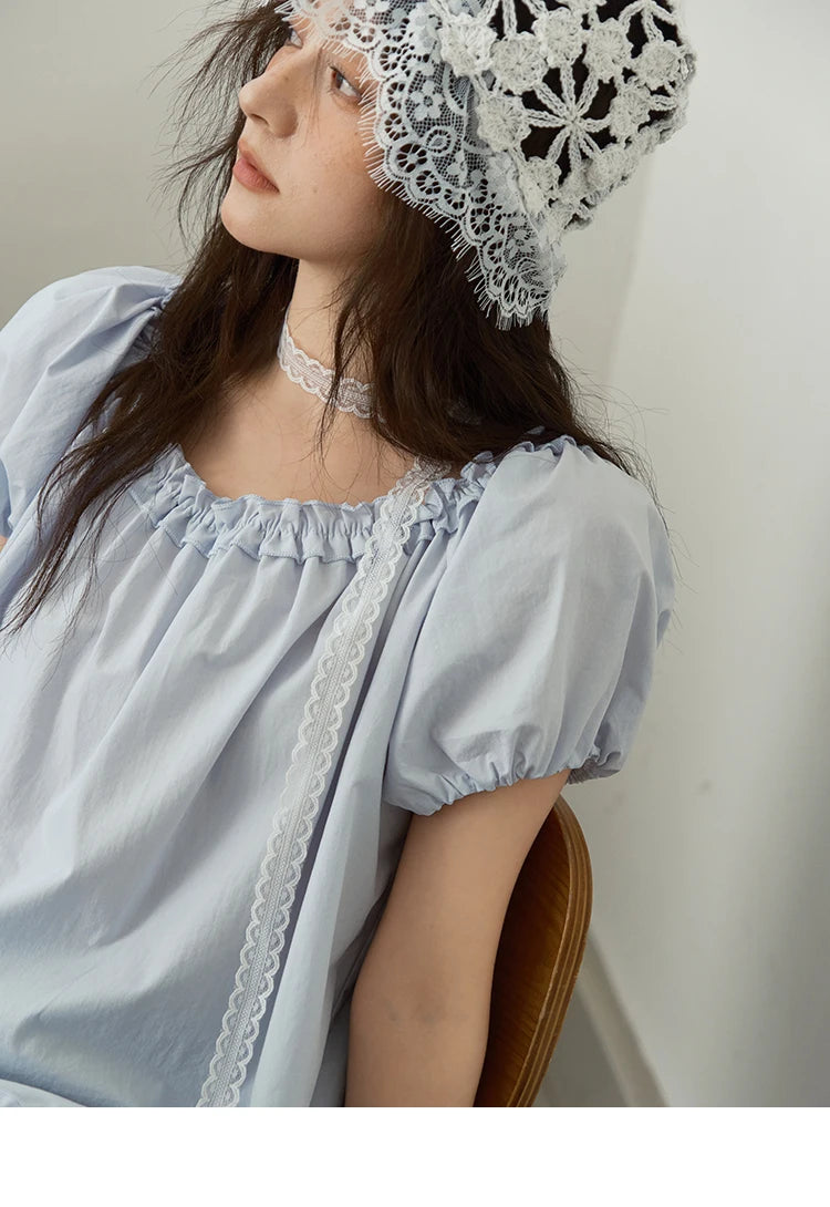 MISHOW Women's Fashion Puff Sleeve Blouse 2025 Summer Casual O-Neck Edible Tree Fungus Spliced Top Female Clothing MXE39X1929