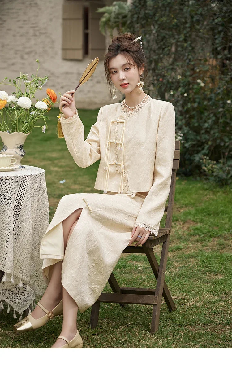 MISHOW Chinese Lace Edge Jacket Midi Skirts Separately Spring 2025 Elegant Top Irregular Jacquard Front Split Skirts MXD15W0370