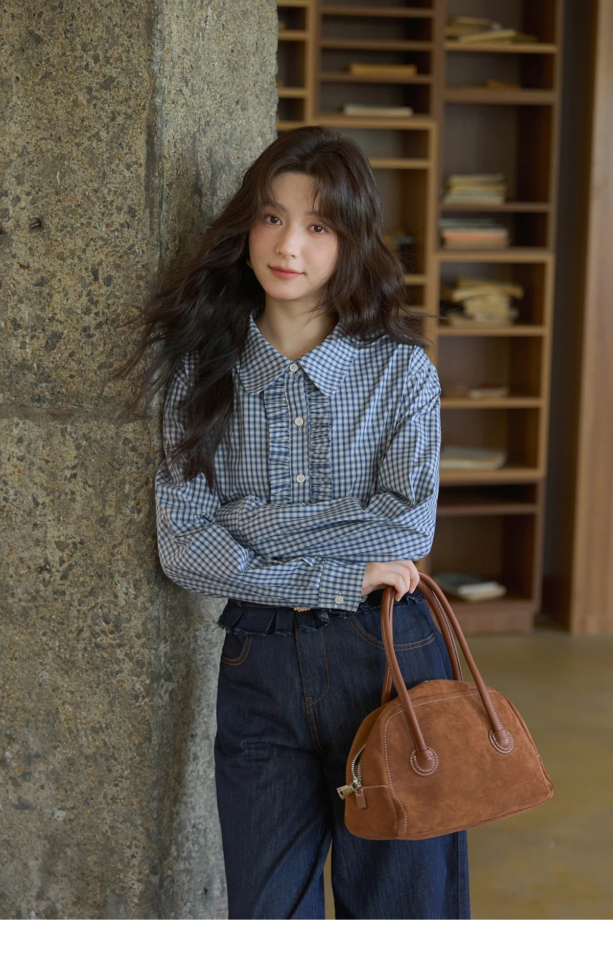 MISHOW Autumn Blue Plaid 100 Cotton Shirts 2025 Doll Collar Dropped Shoulder Sleeves Casual Top Retro Commuter Shirt MXE44C2391