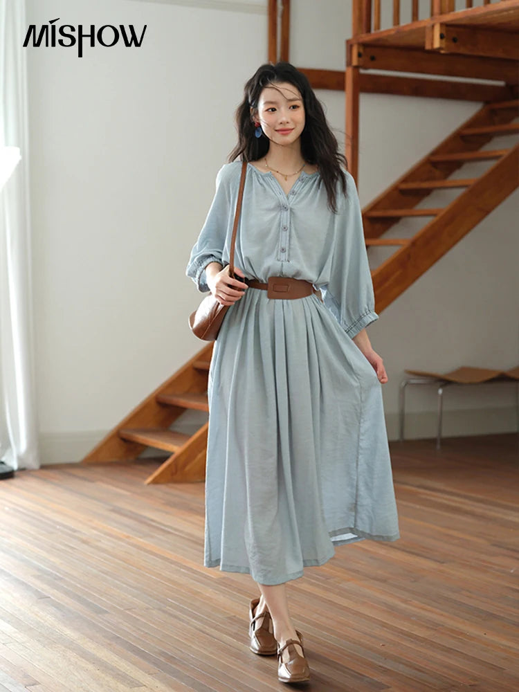 MISHOW Women's Half Sleeve Button Bamboo Knot Dress with Bohemian Belt 2025 Autumn Blue Long Dress Ladies Clothing MXE20L2468