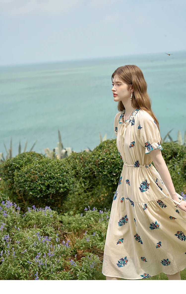 MISHOW French Romantic Dress 2024 Summer Women Embroidered Flower Fairycore Dresses Elastic Waist Drawstring Dress MXD24L1835