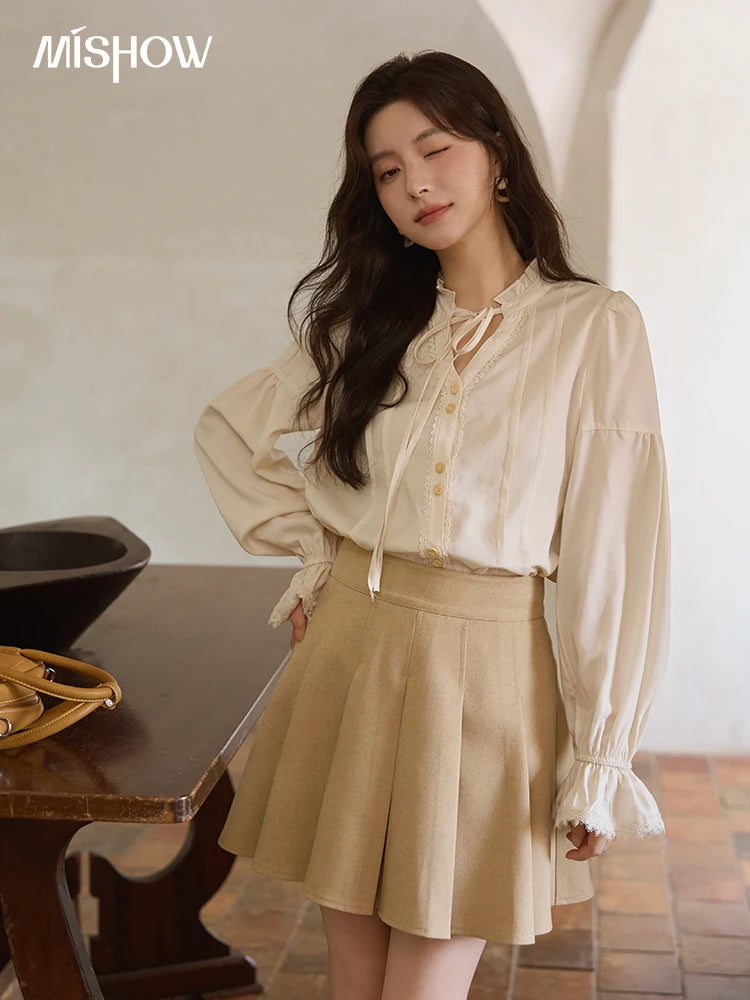 MISHOW French 100% Lyocell Apricot Shirt 2025 Autumn Flared Sleeves Lace Edges Shirts V-neck Slim Top Office Lady MXE41C2351