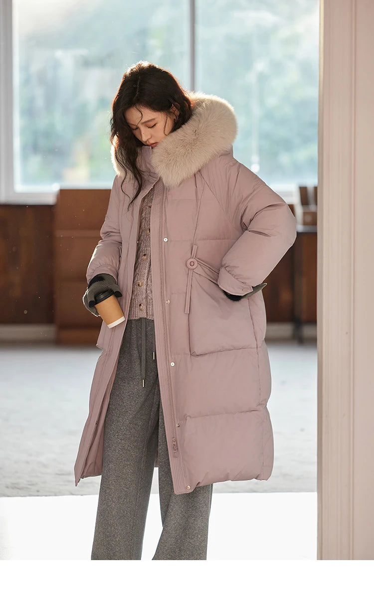 MISHOW Long Hooded Down Coats Fox Fur Collar Bread Jacket Duck Down Quilt Clothing 2024 Winter Women Thickened Coat MXD56Y0054