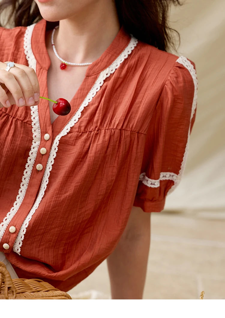 MISHOW French New Blouses Women Summer New 2025 Short Sleeve V-neck Color Matching Shirts Female Fashion Lazy Style MXE31X1766