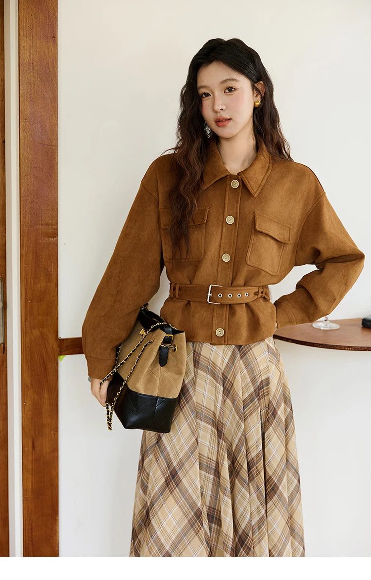 MISHOW Short Jacket for Women 2025 Autumn New Brown Lapel Metal Button Decorated Jacket Windproof Commuter Outerwear MXE46W0864