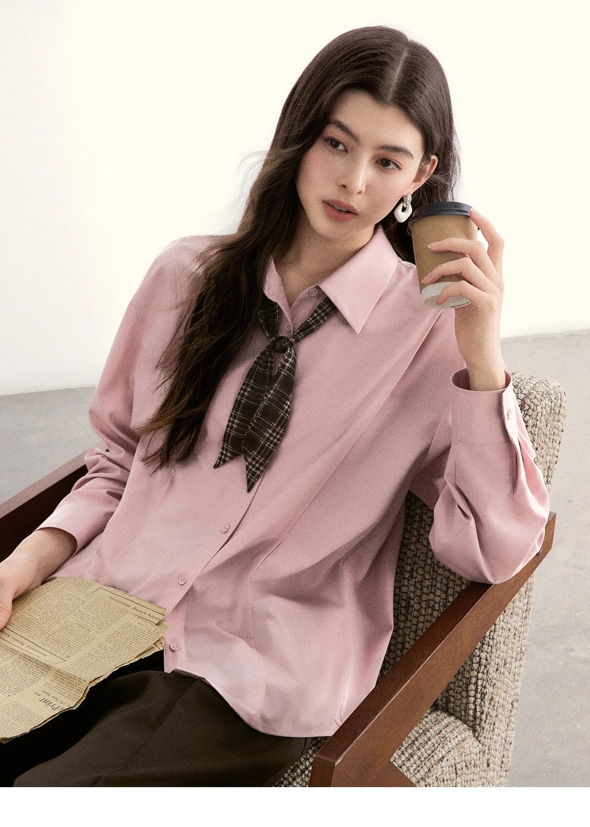 MISHOW Women's Casual Loose Shirt with Plaid Scarf 2026 Spring Lapel Tops Versatile Long Sleeve Shirts Office Lady MXF108C0815