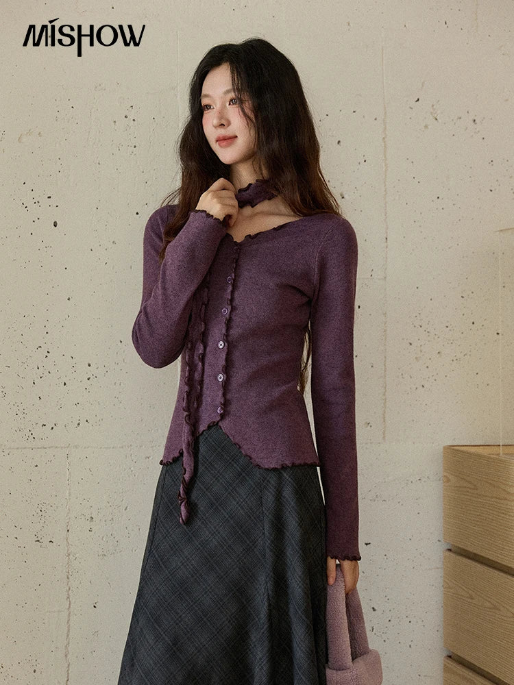 MISHOW New Ruffled Edge Knitted Pullovers for Woman 2025 Retro Slim V-neck Ribbon Knit Top Cmfortable Winter Clothes MXE86Z2728