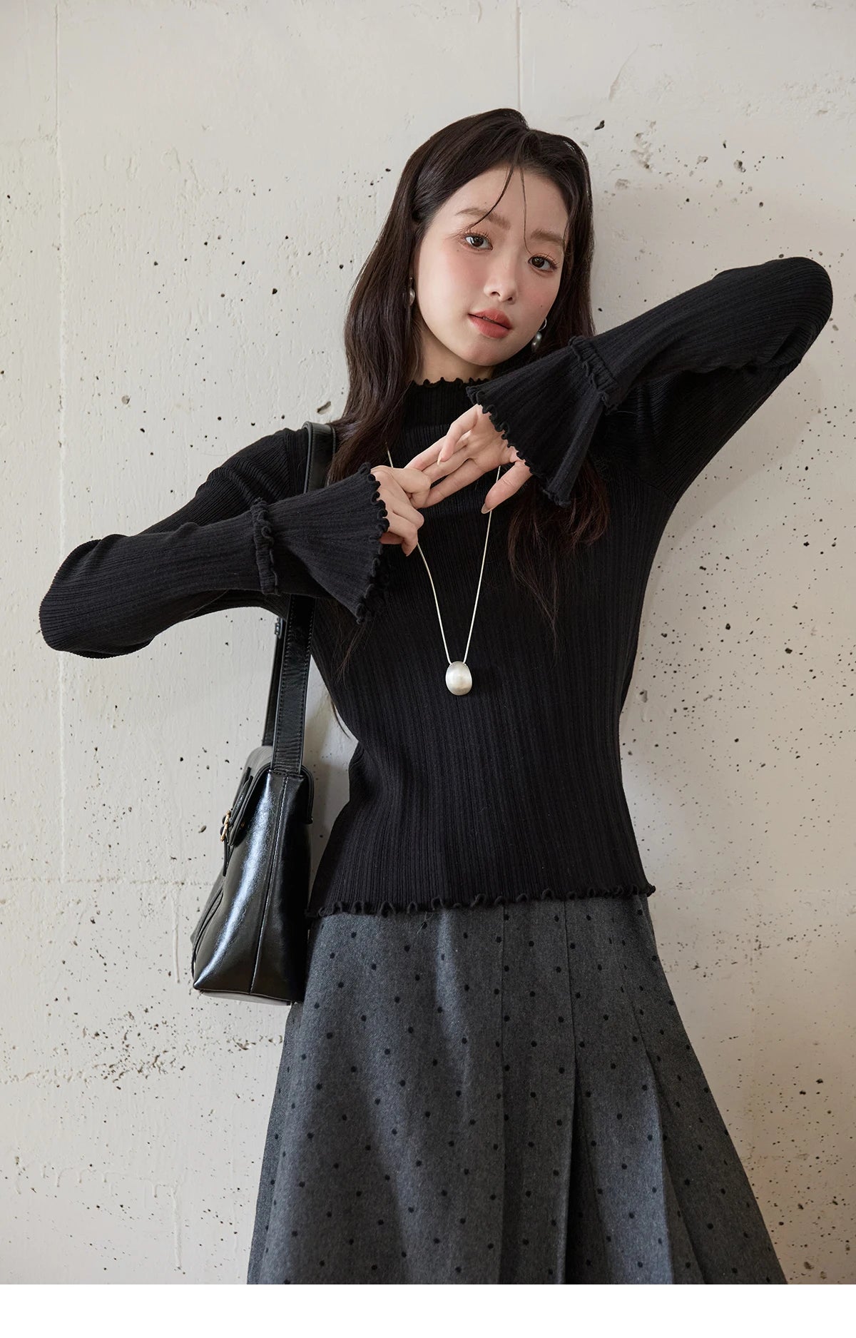 MISHOW Women's Long Sleeve Top 2025 Autumn New Casual Solid Turtleneck Slim Knit Wood Ear Edge Trumpet Sleeve Top MXE51Z2552