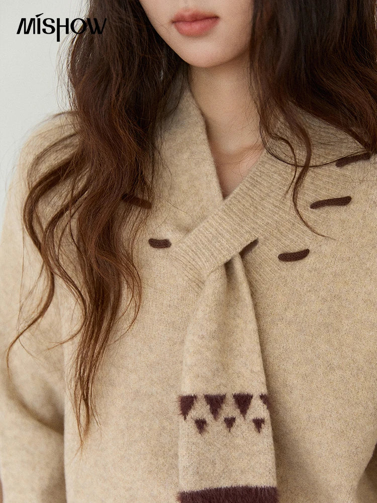 MISHOW Women V-neck Knit Top 2025 French-style Elegant Workwear Long-sleeved Yellow Pullover Women's Winter Clothing MXE87Z2771