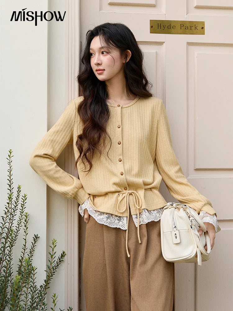 MISHOW Women's Yellow Ribbed Cardigan Spring Lace Trim Drawstring Waist Thin Knitted Sweater Long Sleeve Casual Top MXF11Z2919