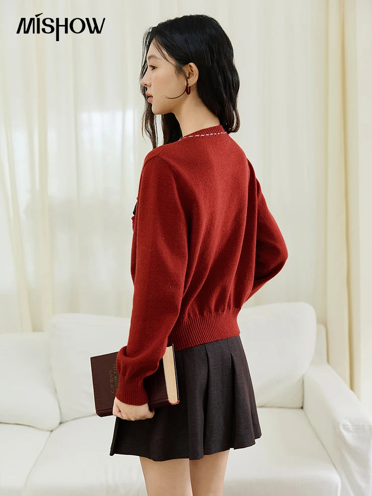 MISHOW Christmas Soft Knitted Cardigan Autumn Bow Placket Retro with Brooch Lantern Sleeve Sweaters O Neck Solid Top MXE45Z1377