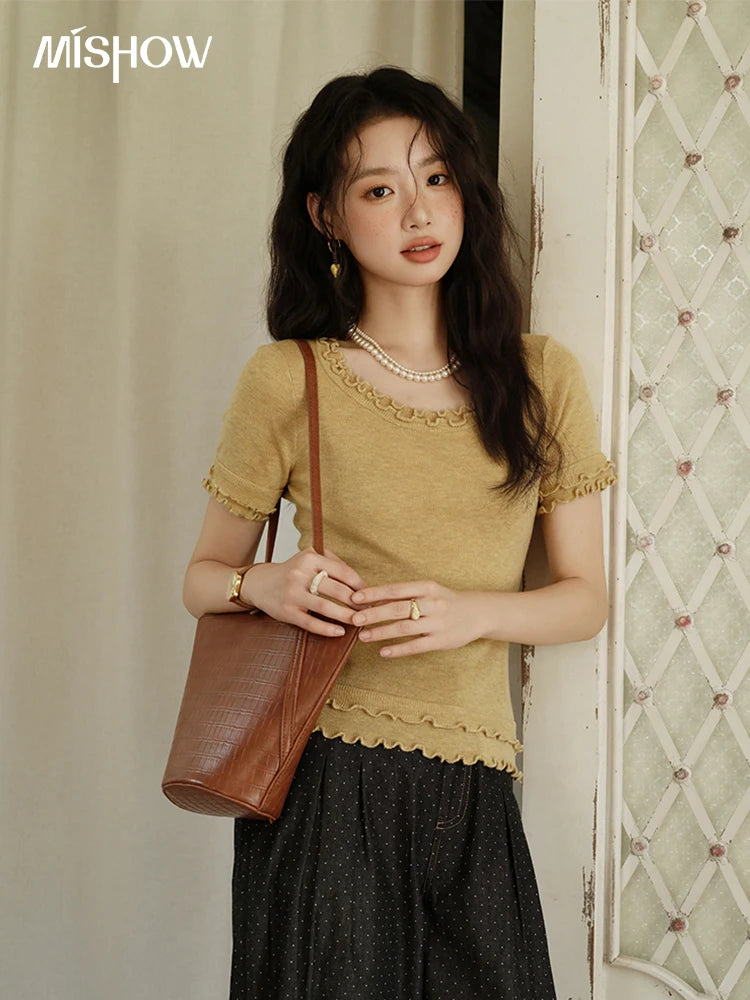 MISHOW Women's Round Neck Knit T-shirt Summer 2025 Fashion Ear Edge Short Top Casual Short Sleeve Tee Female Clothing MXE32Z1233