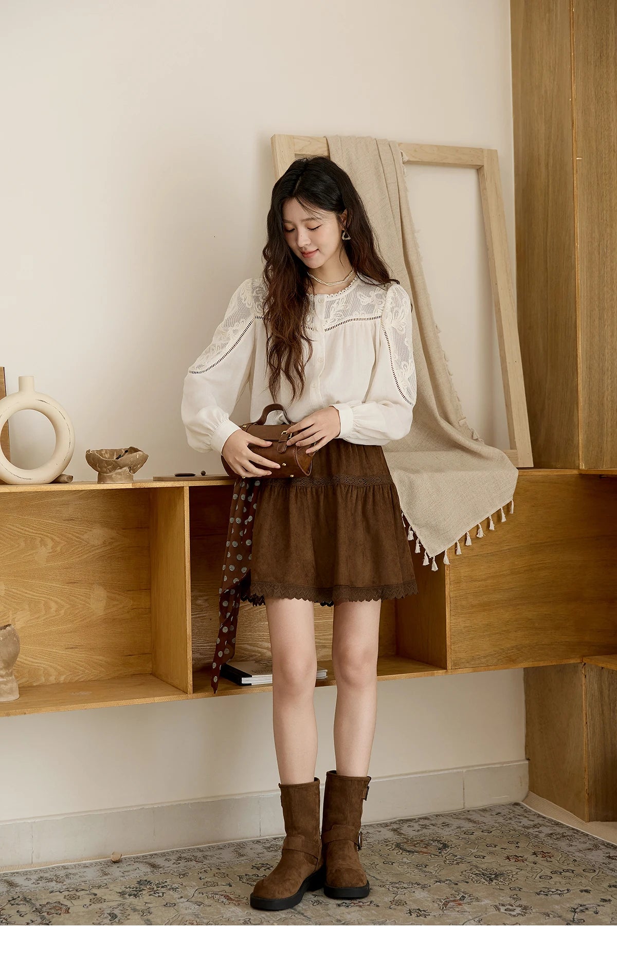 MISHOW Women's Beige Hollow Out Embroidery Shirt Autumn French Elegant Long Sleeve O-Neck Shirts Retro Commute Tops MXE44X2498