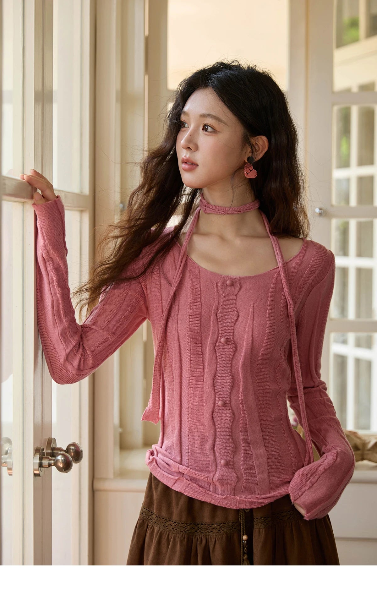 MISHOW Women's Wool Blend Knitted Top 2025 Autumn French Slim Scoop Neck with Draped Tie Soft Solid Pullover Top MXE42Z1322