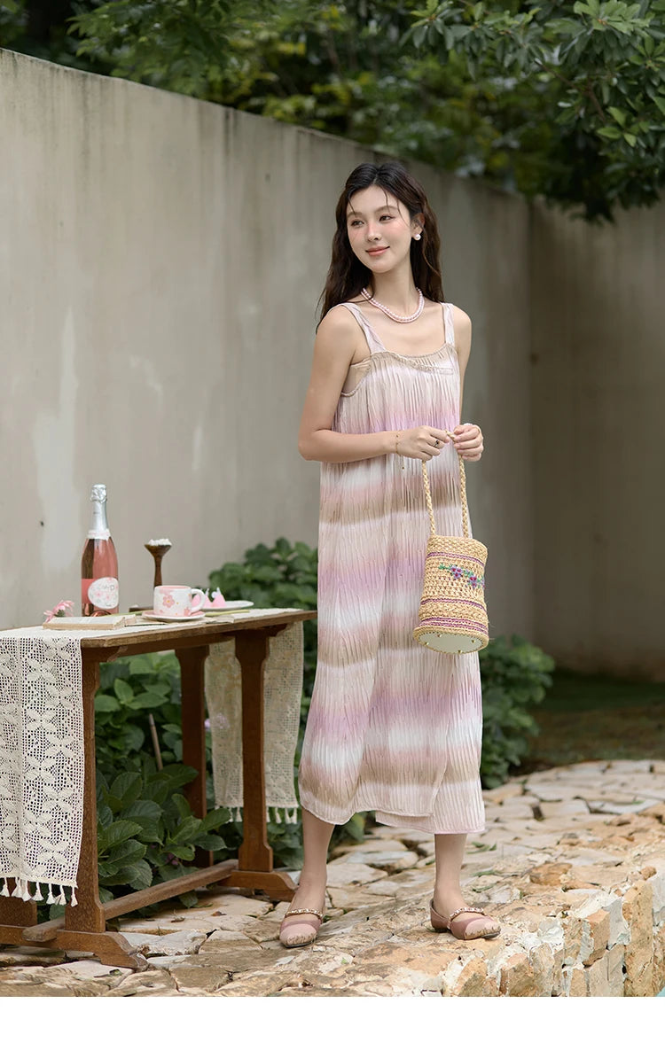 MISHOW Pink Striped Suspender Dress for Women 2025 Summer Sleeveless Irregular Front Dress Wave Mid Length Dresses MXD29L1930
